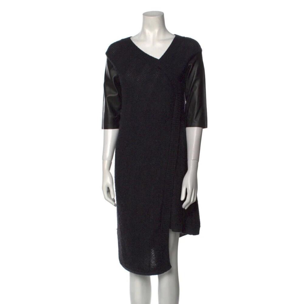 Costume National Wool Alpaca sweater Knit Dress formal Leather Sleeves black